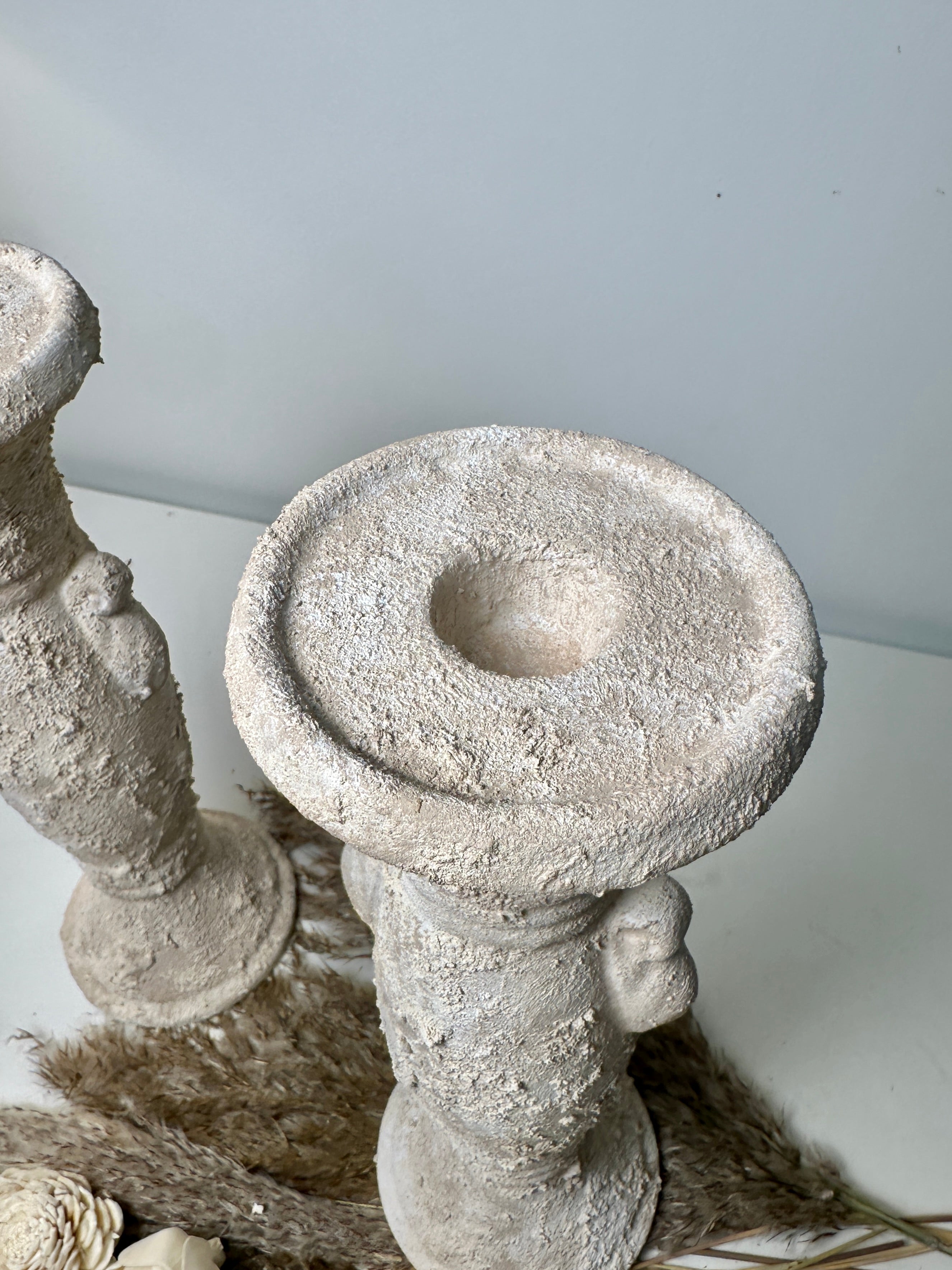Set of 2 candlestick tray holders hand-painted and textured minimalist roman style 12" tall - Cream Sand wash