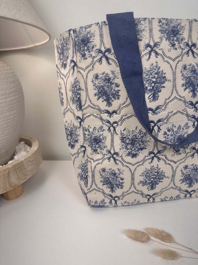French Provençale Style Tote Bag 14" tall Eco-Friendly botanical floral print - Blue and White