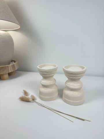 Set of 2 Candle Holders Minimalist Style Hand-Painted and Textured Wood 6" tall each - Cream White