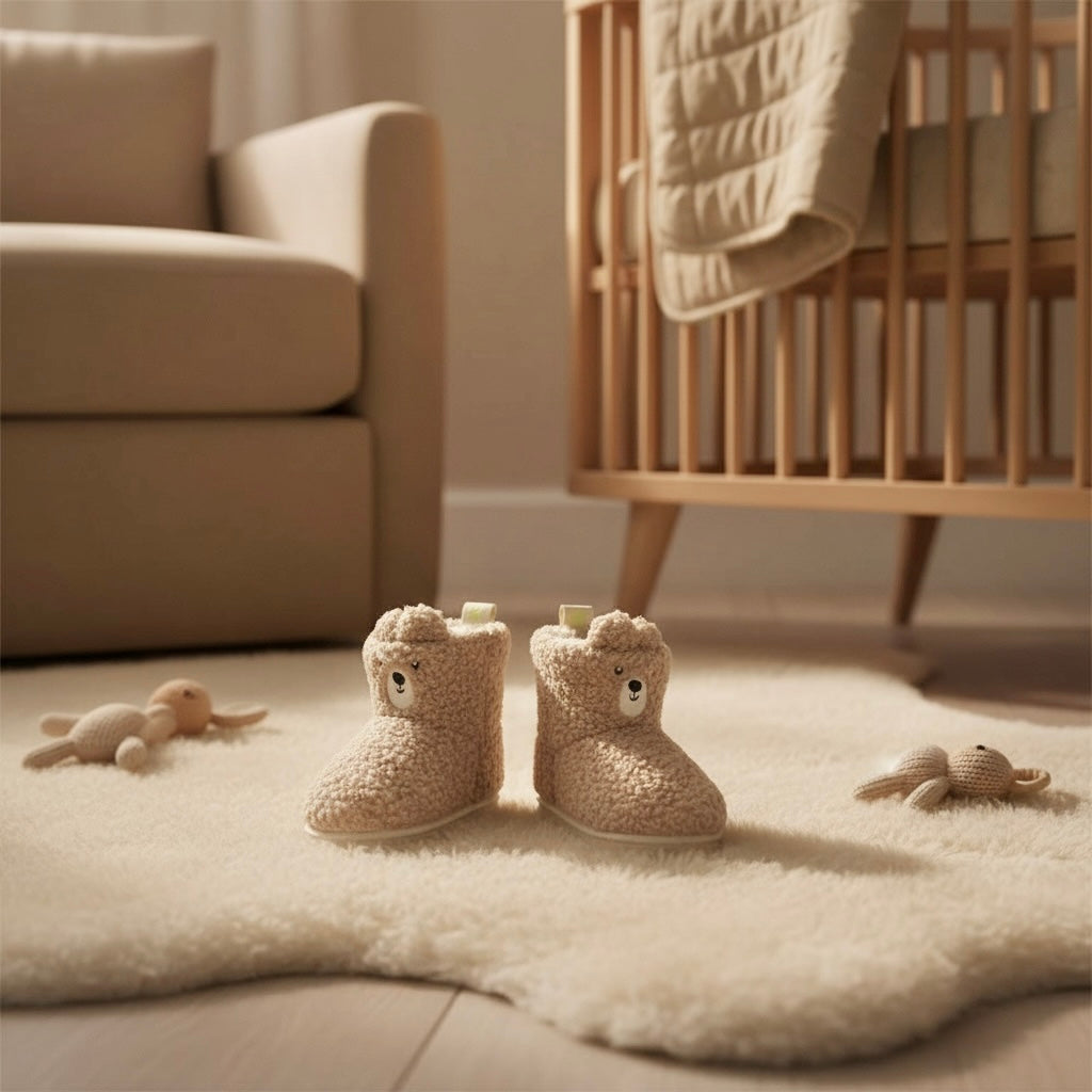 Cozy Winter Sherpa Fleece Bootie Slippers, Plush Lined Indoor House Bear Shoes for Toddlers, Beige
