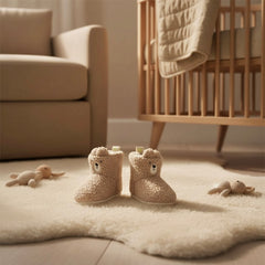 Cozy Winter Sherpa Fleece Bootie Slippers, Plush Lined Indoor House Bear Shoes for Toddlers, Beige