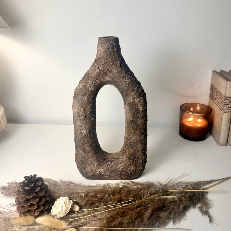 Rustic Tree Style Wood Vase Textured Handcrafted 14" tall - Dark Brown Wash