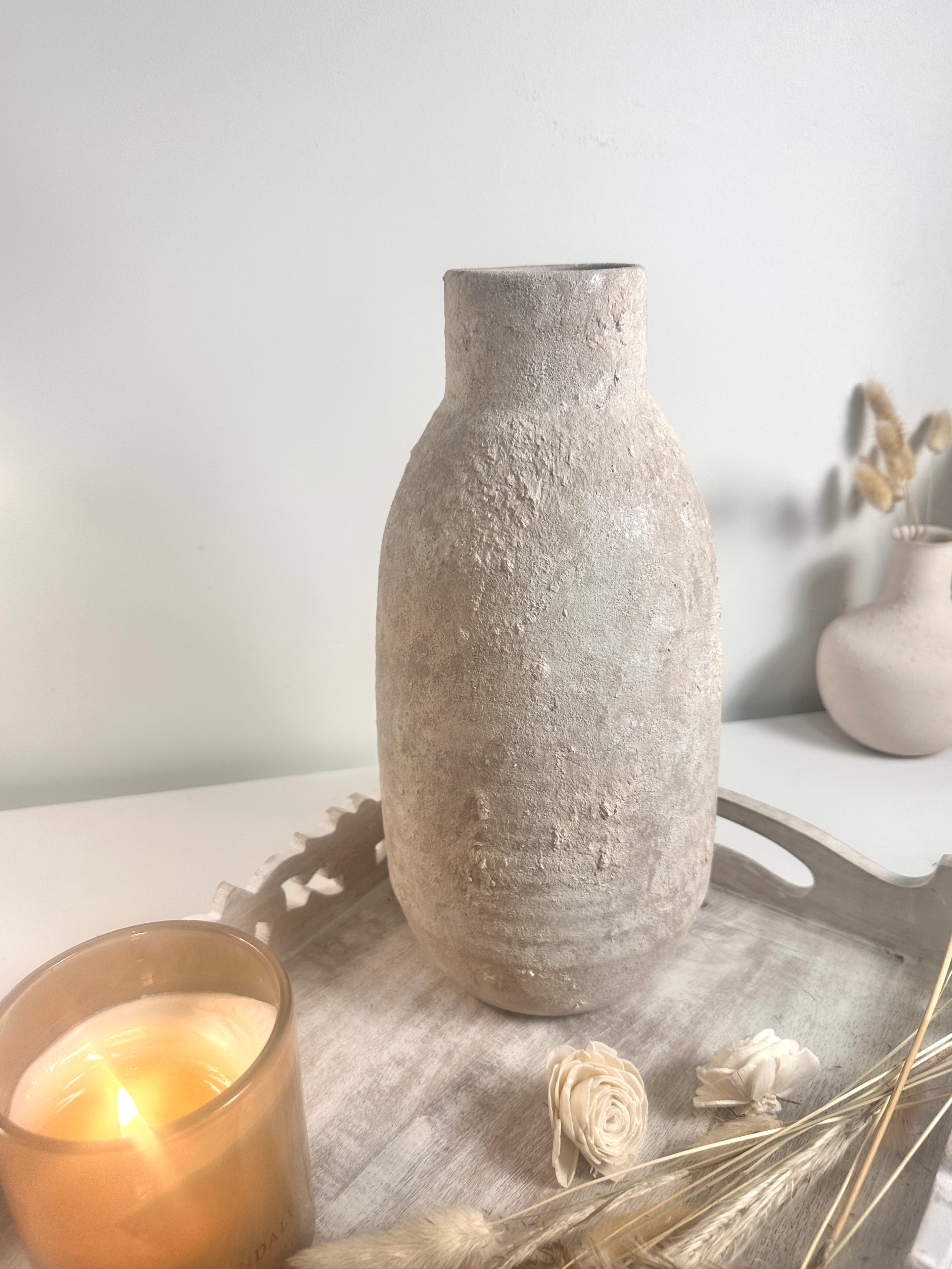 Rustic Hand-Painted/Textured Ceramic Vase 12” tall - beige washed