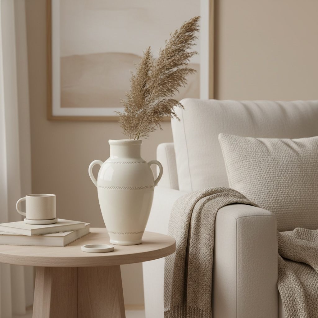 Modern Ceramic White Vase with 2 handles 12"