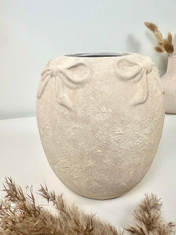 Minimalist Style Ceramic Vase with Bow 7", Painted and Textured by Hand - Cream Sand Washed