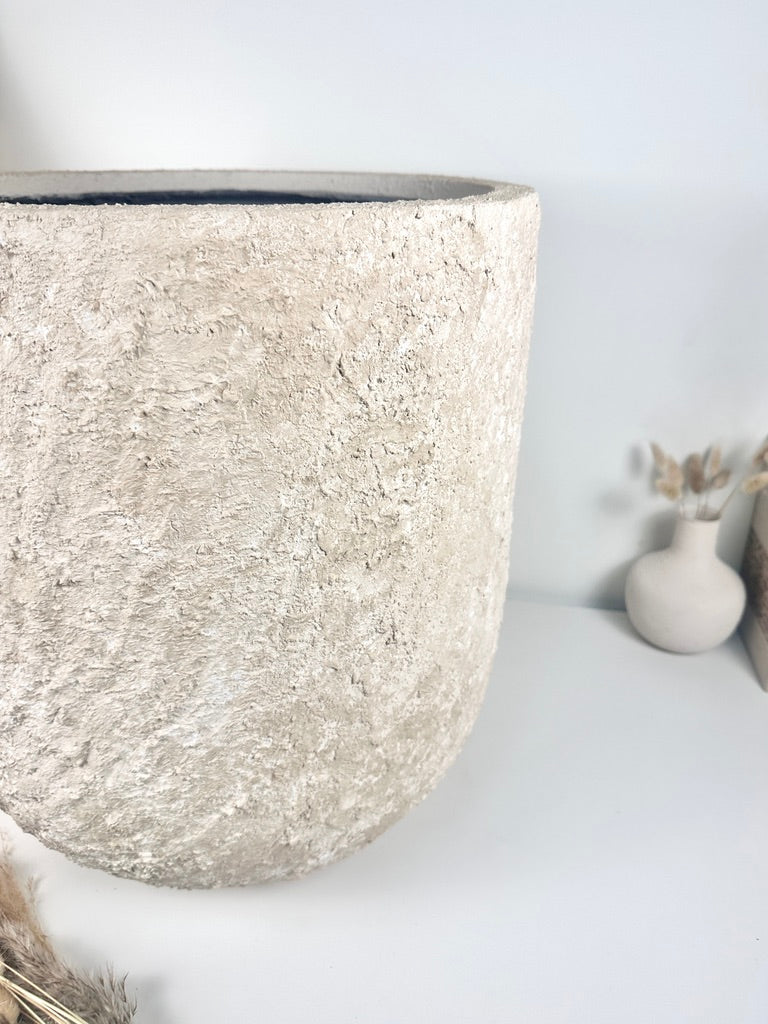 Minimalist Hand-Painted & Textured Planter Pot 17.5" tall with drainage hole one time creation - cream sand washed