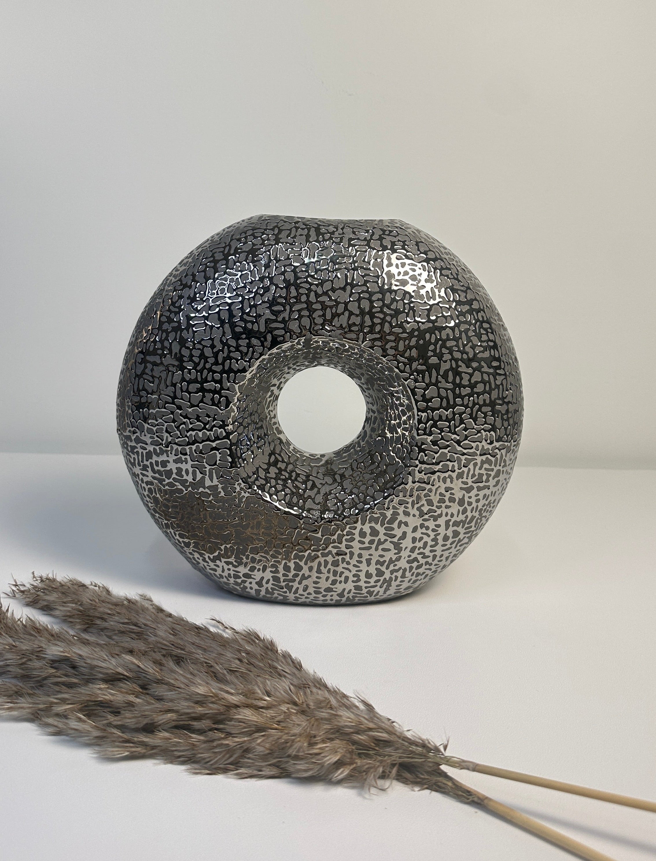 Modern Donut Silver Vase 10 inch tall