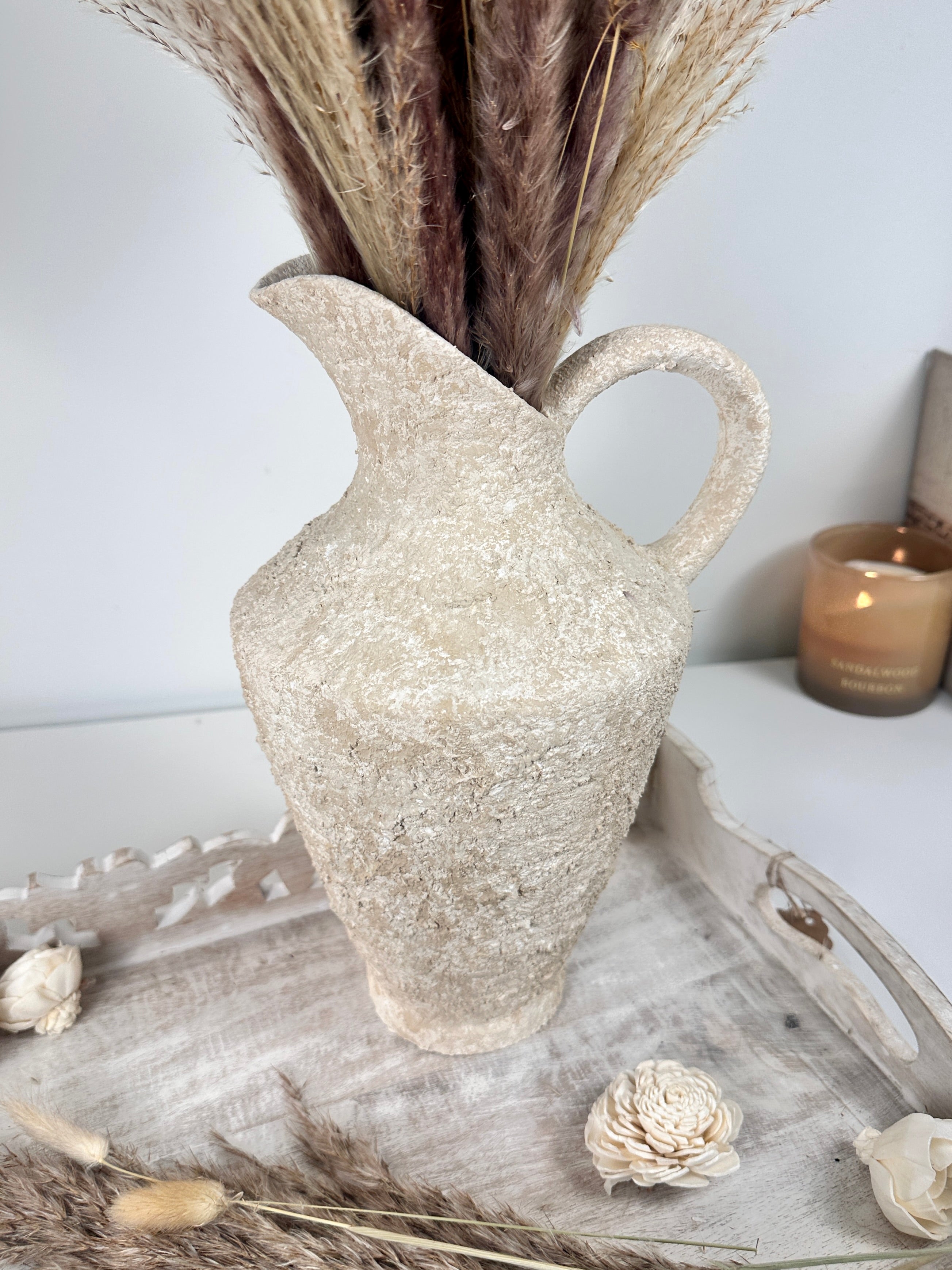 Decorative Textured Hand-painted Pitcher Vase Cream Sand washed 12"