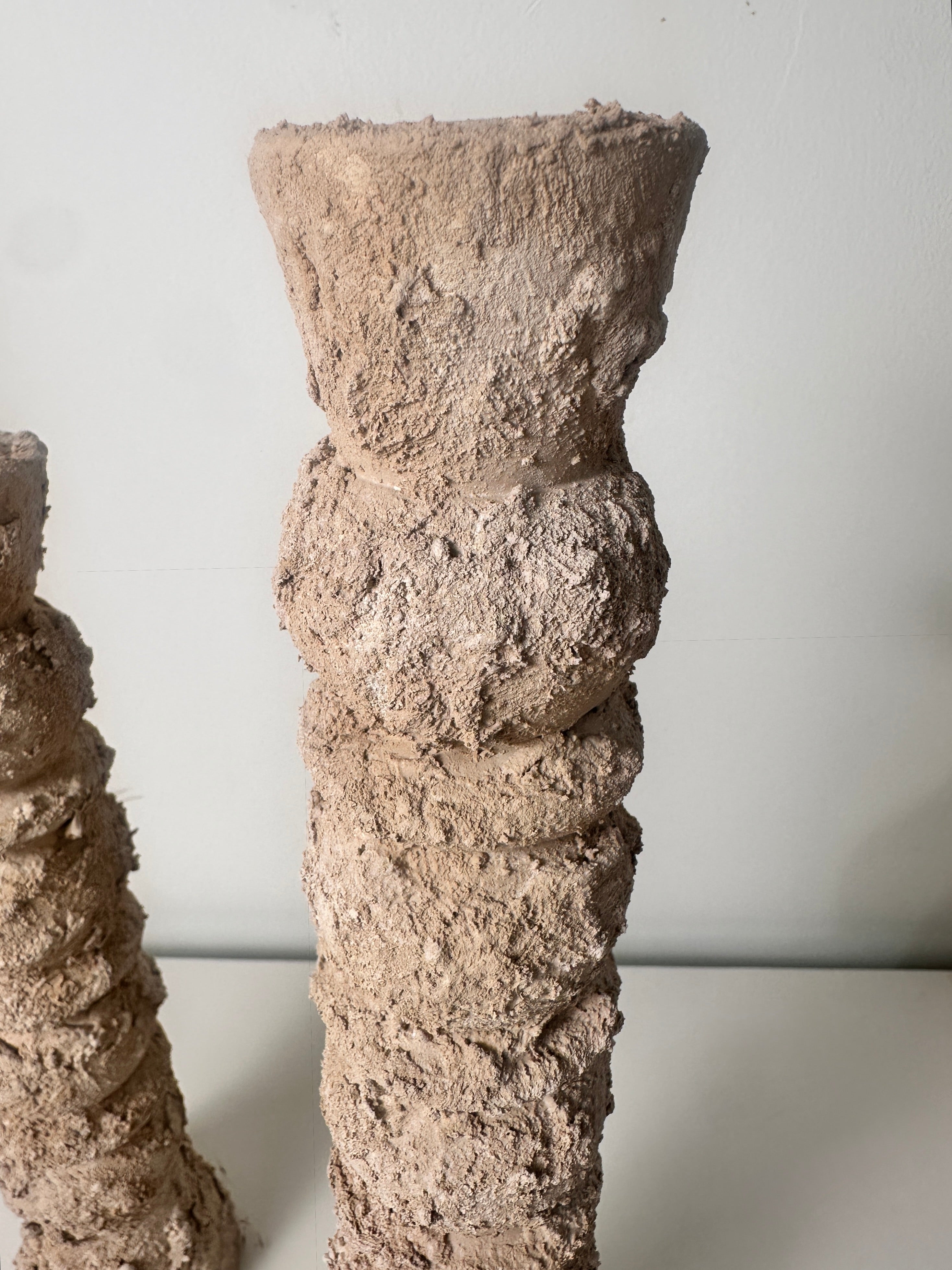 Set of 2 candlestick holders hand-painted and textured minimalist rustic style 12" tall and 10" tall - Tan Beige