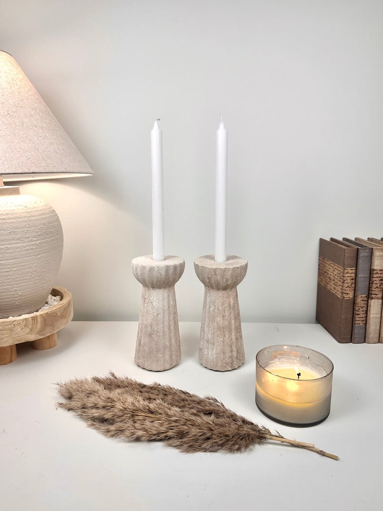 Set of 2 Textured Hand-Painted Candlestick 10" tall - Beige Washed