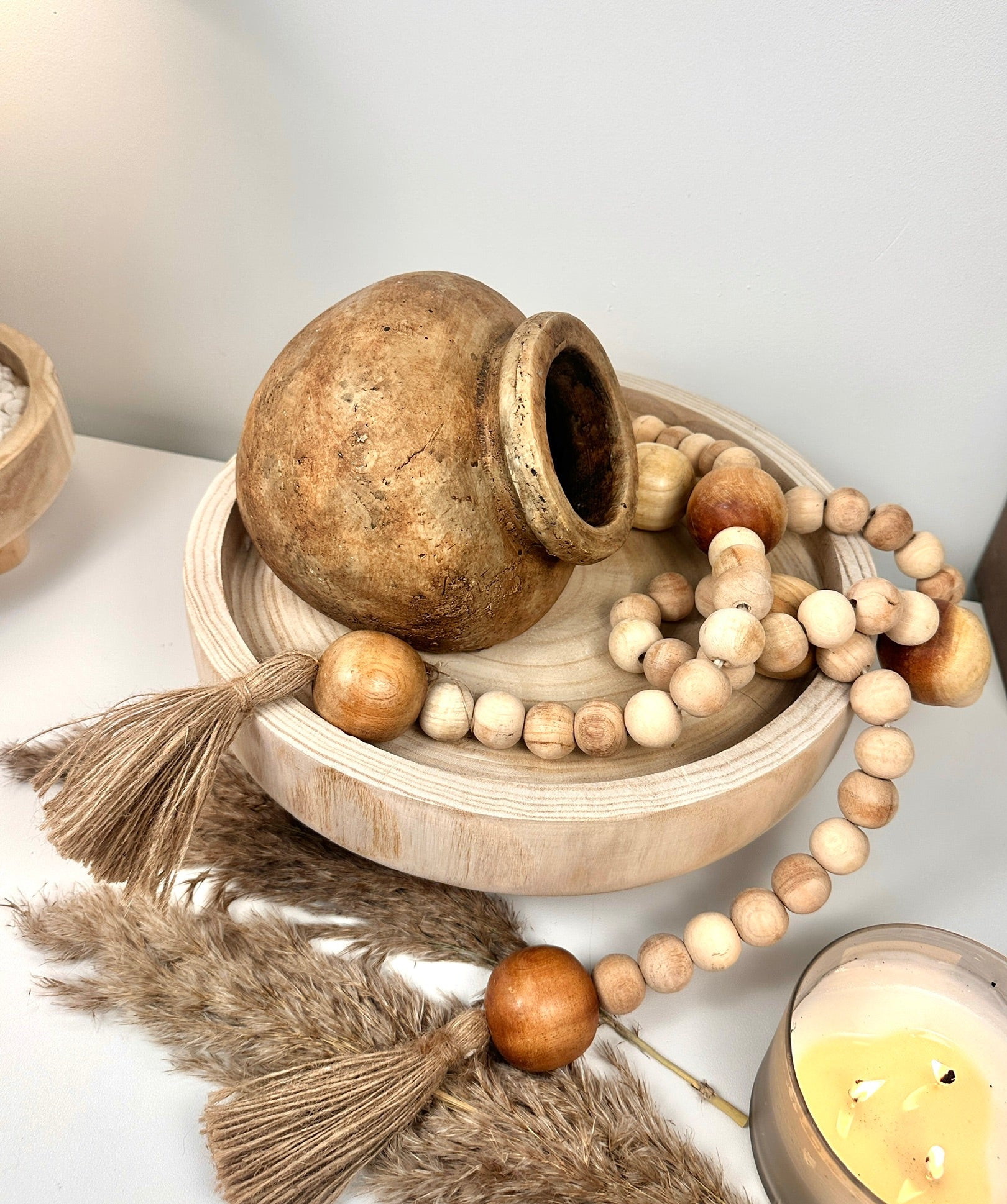 Set of 3 Decorative Accent Boho Mediterranean Style, Organic and Rustic Centerpiece Setting (Vase, Paulownia Tray and Natural Wood Bead Garland)