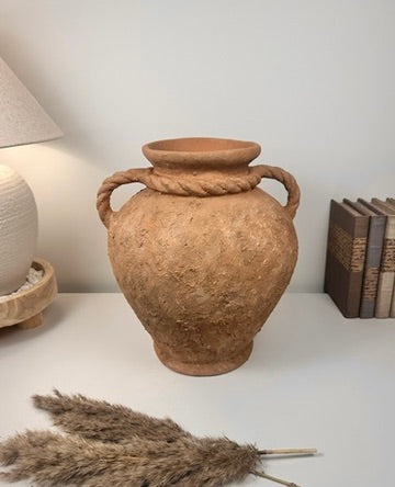Stunning Roman Style Ceramic Vase Textured and Hand-Painted 15" tall - Brown Terracotta Color