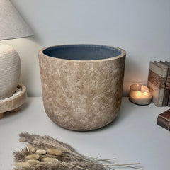 Rustic Hand-Painted & Textured Planter 12" tall with drainage hole one time creation - Brown washed
