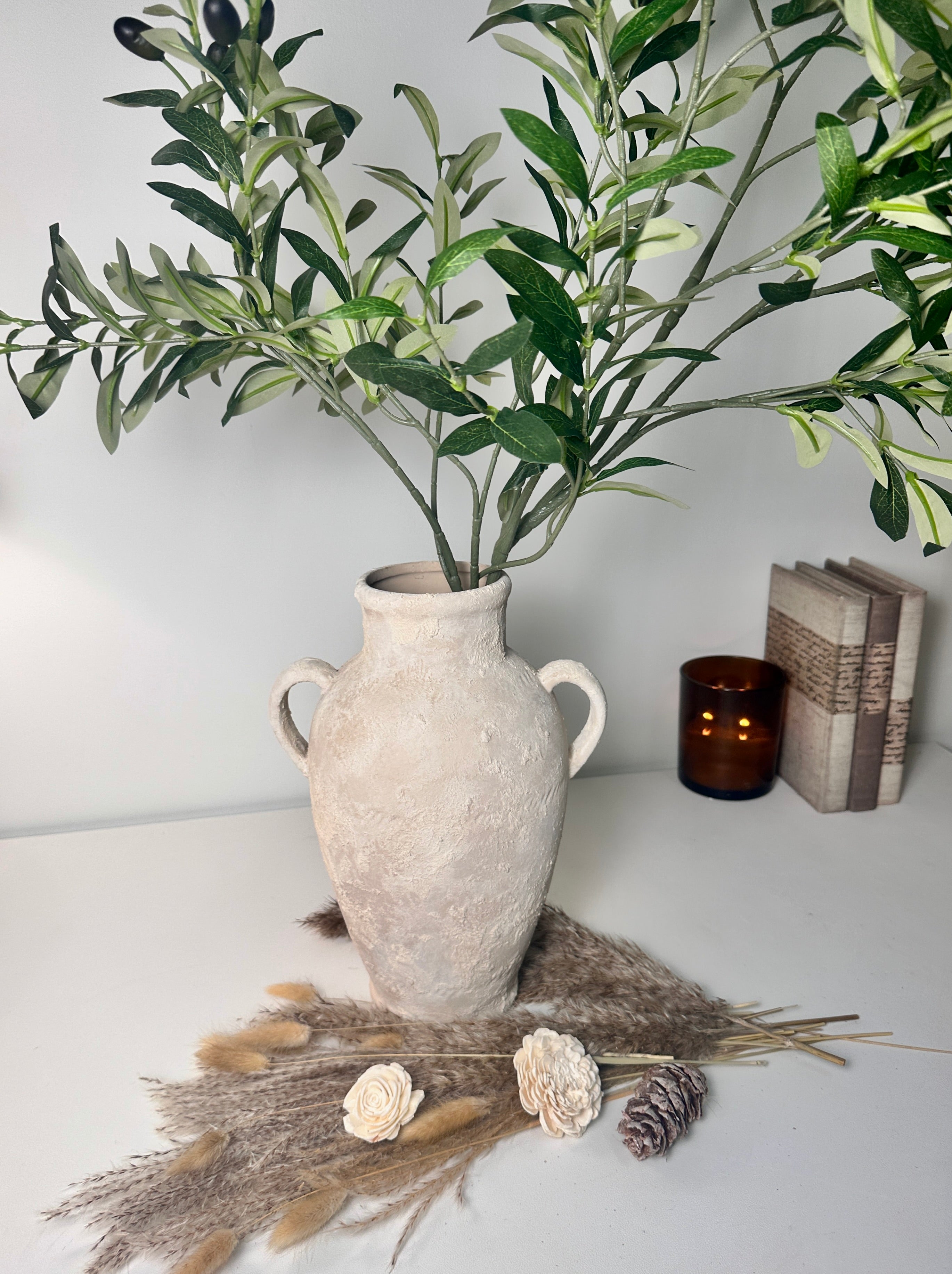 Minimalist Textured Hand-painted Ceramic Vase 12" tall - cream sand/off-white