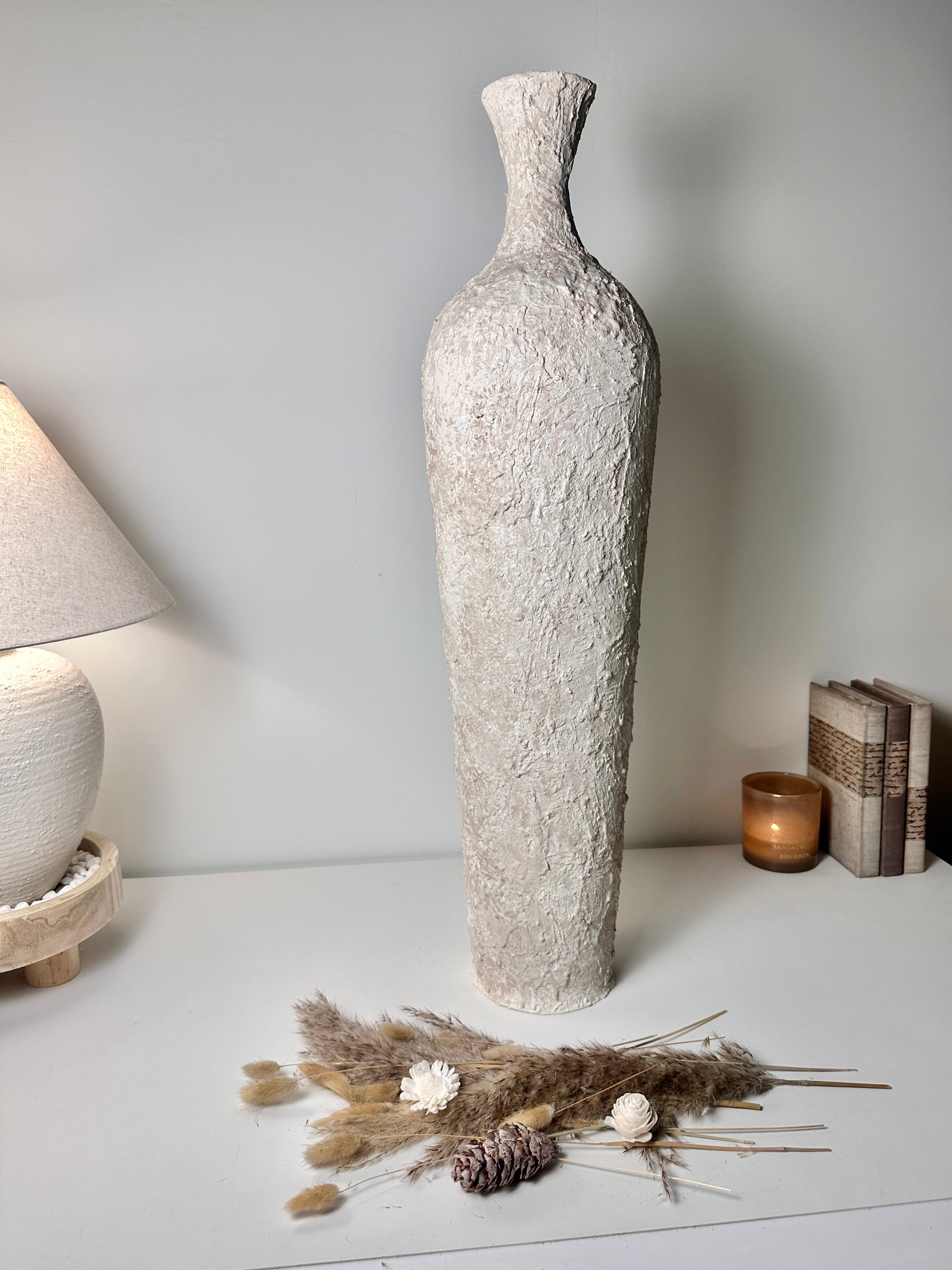 Floor Vase 32" tall minimalist hand-painted metal texture - cream wash