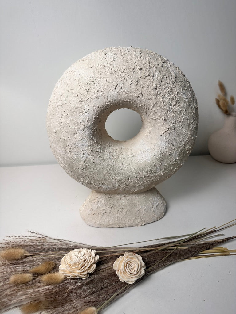 Abstract Minimalist Sculpture Made of Organic Stone, White Donut-Shaped Textured 13" - Cream