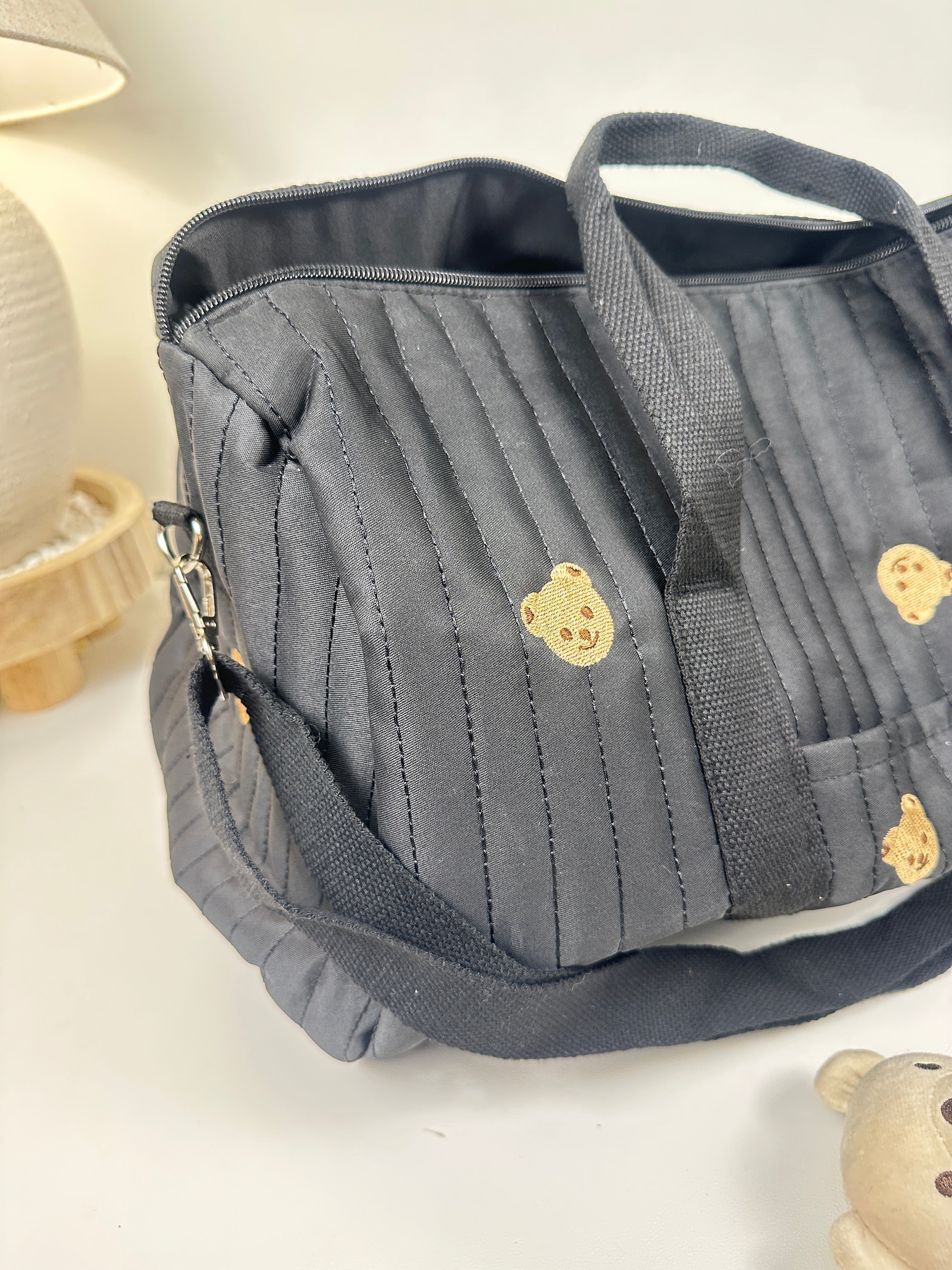 Cozy Quilted Baby Diaper Bag with Bear Pattern, Large Capacity Travel Tote 18“Lx6”Wx12“H