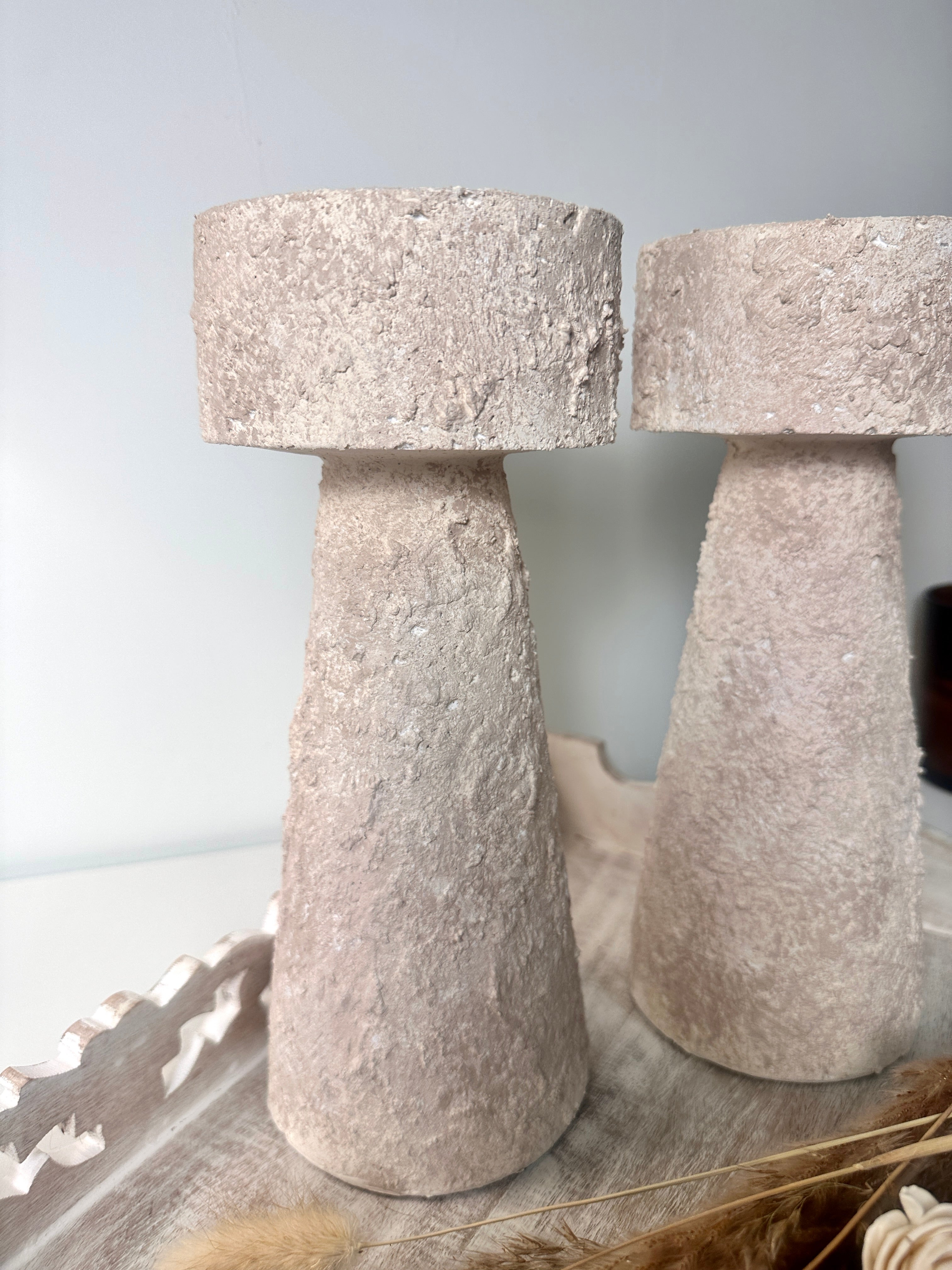 Set of 2 candle holder tray and stick minimalist style 11" tall - Cream wash