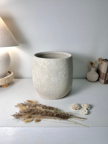 Minimalist Hand-Painted & Textured Planter Pot 12.5" tall with drainage hole one time creation - Cream Linen wash