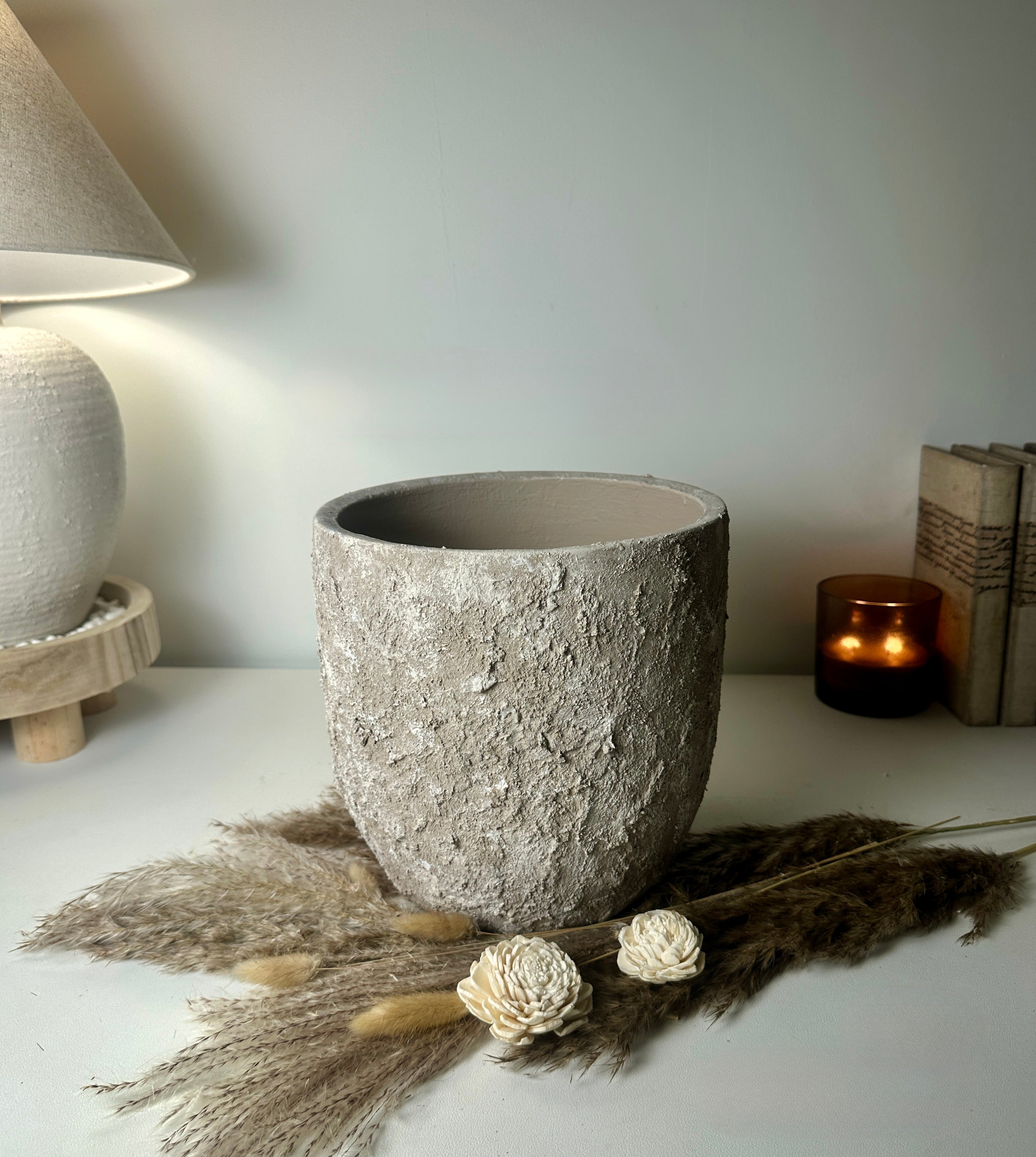 9" tall Minimalist Hand-Painted & Textured Planter Pot with drainage hole - Mesa Beige