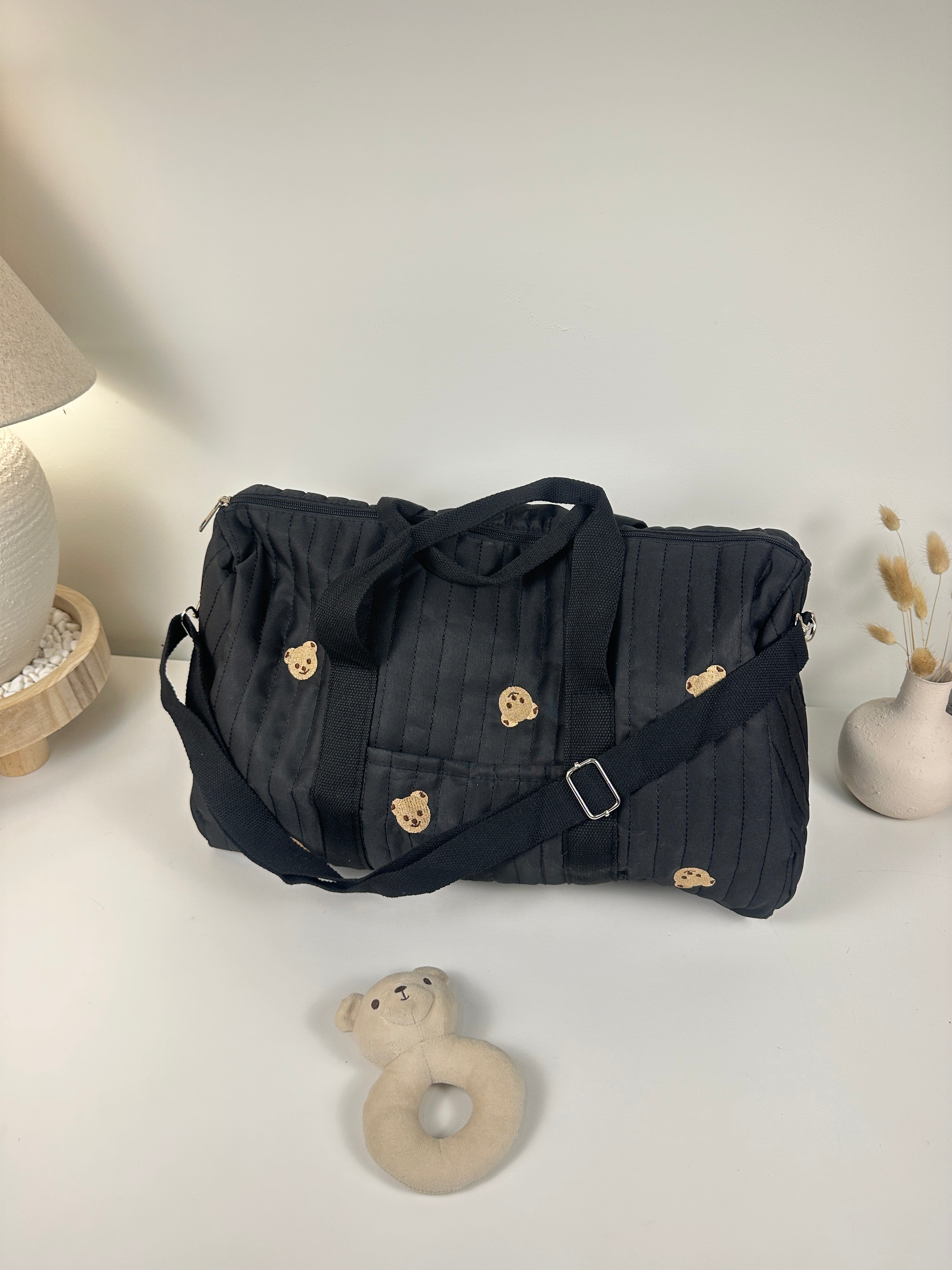 Cozy Quilted Baby Diaper Bag with Bear Pattern, Large Capacity Travel Tote 18“Lx6”Wx12“H