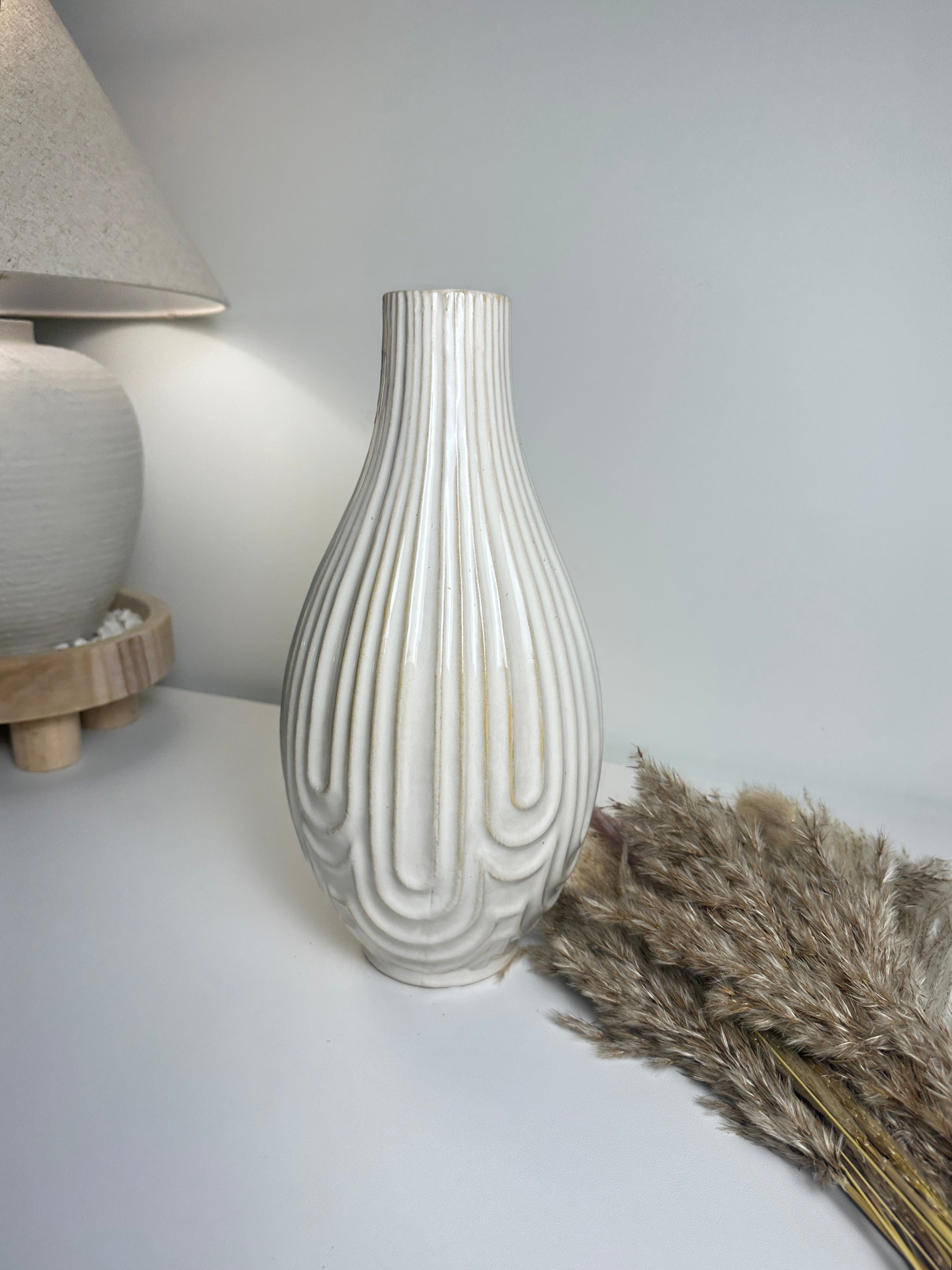 Contemporary Ceramic Ribbed Arc Vase 14"- White