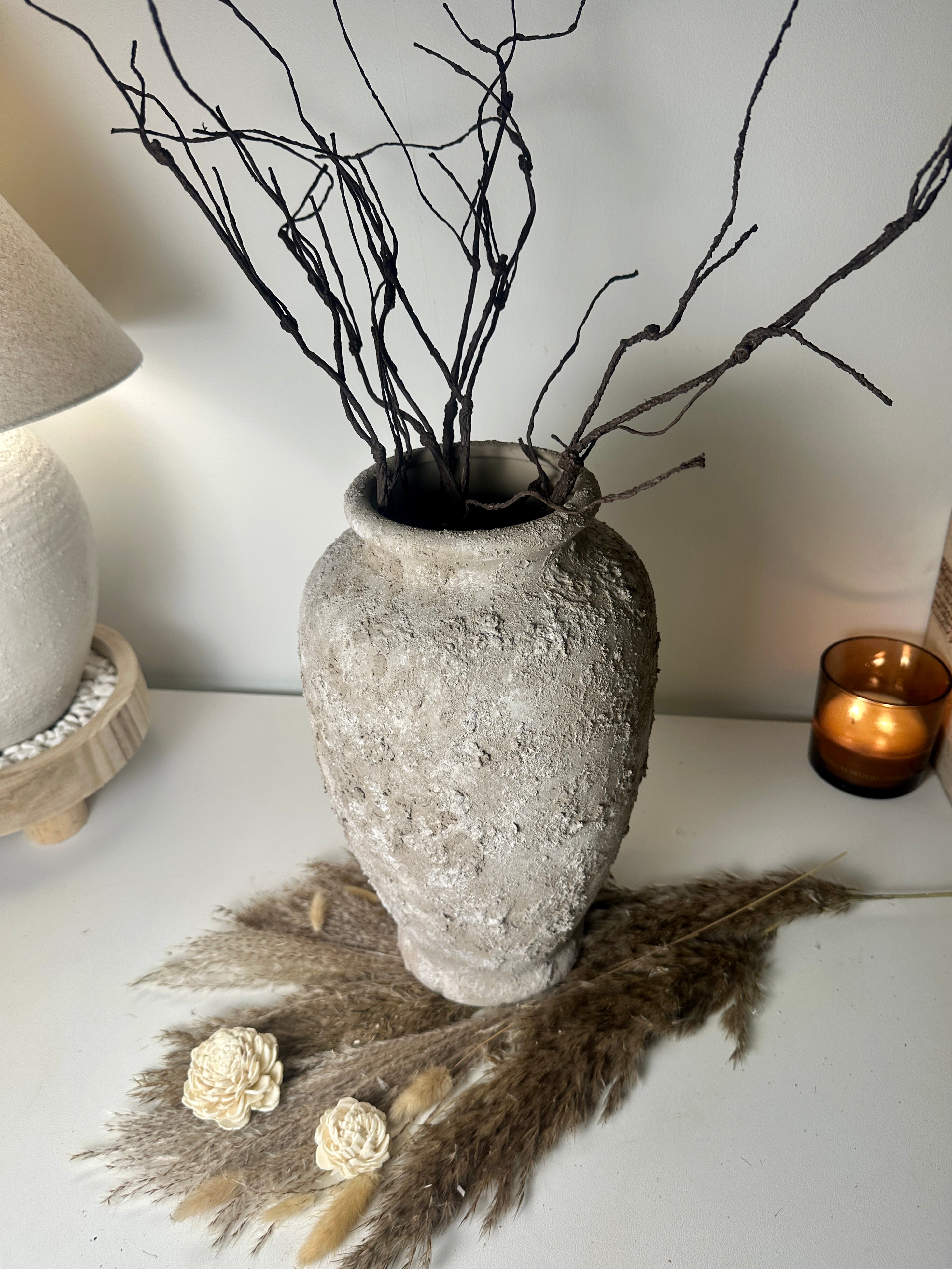 Rustic Hand-Painted Textured Ceramic Vase 14" tall - Beige Wash