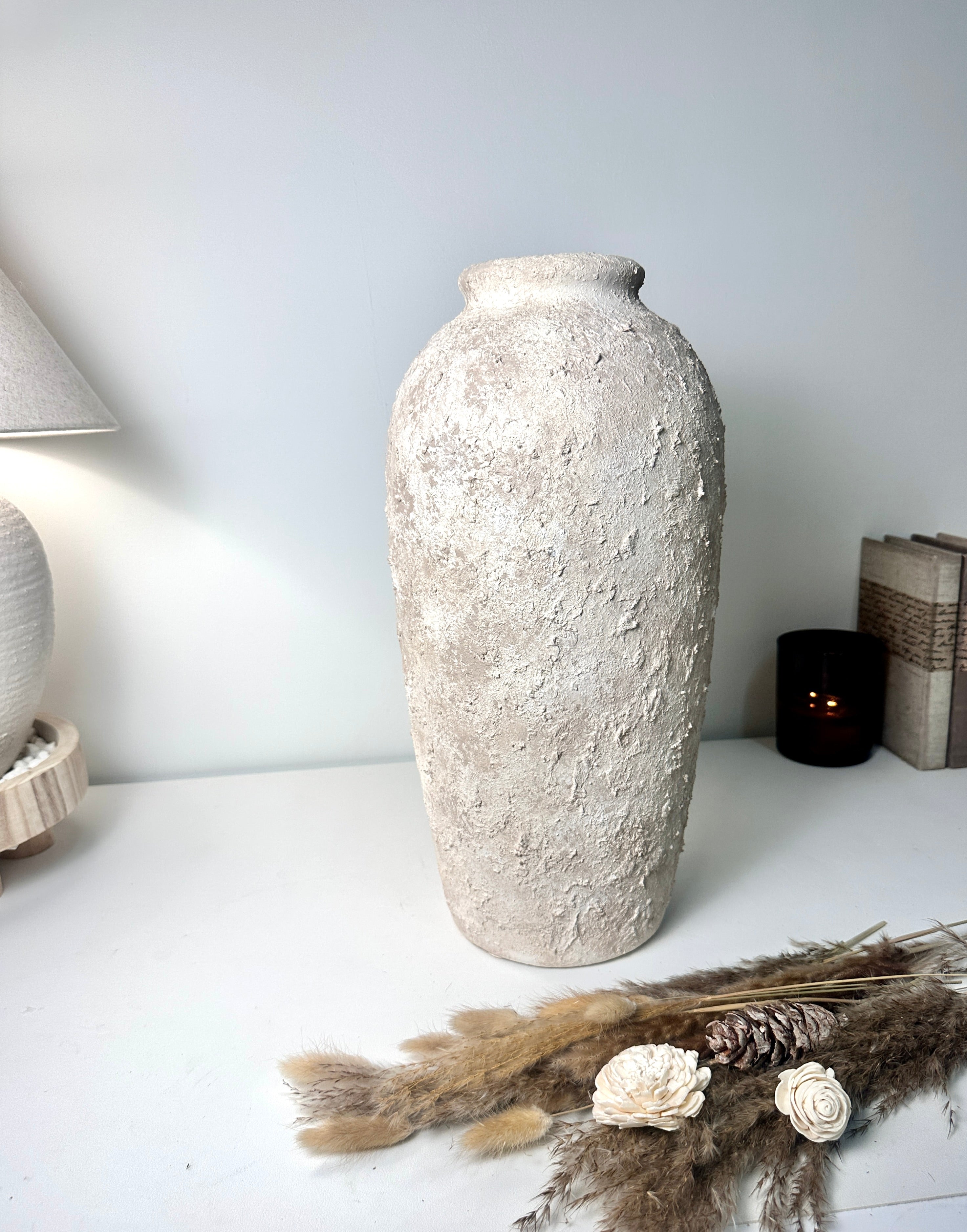 Minimalist Textured Hand-painted Ceramic Vase 18" tall - Cream Sand wash