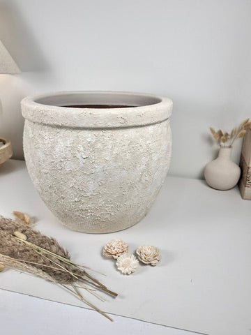 Minimalist Hand-Painted & Textured Planter Pot 12" tall with drainage hole one time creation - Cream wash