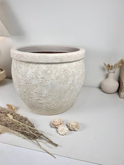 Minimalist Hand-Painted & Textured Planter Pot 12" tall with drainage hole one time creation - Cream wash