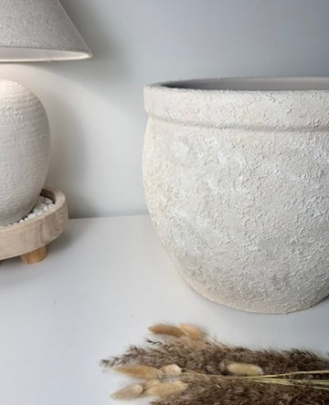 Minimalist Hand-Painted & Textured Planter Pot 12" tall with drainage hole one time creation - Cream wash