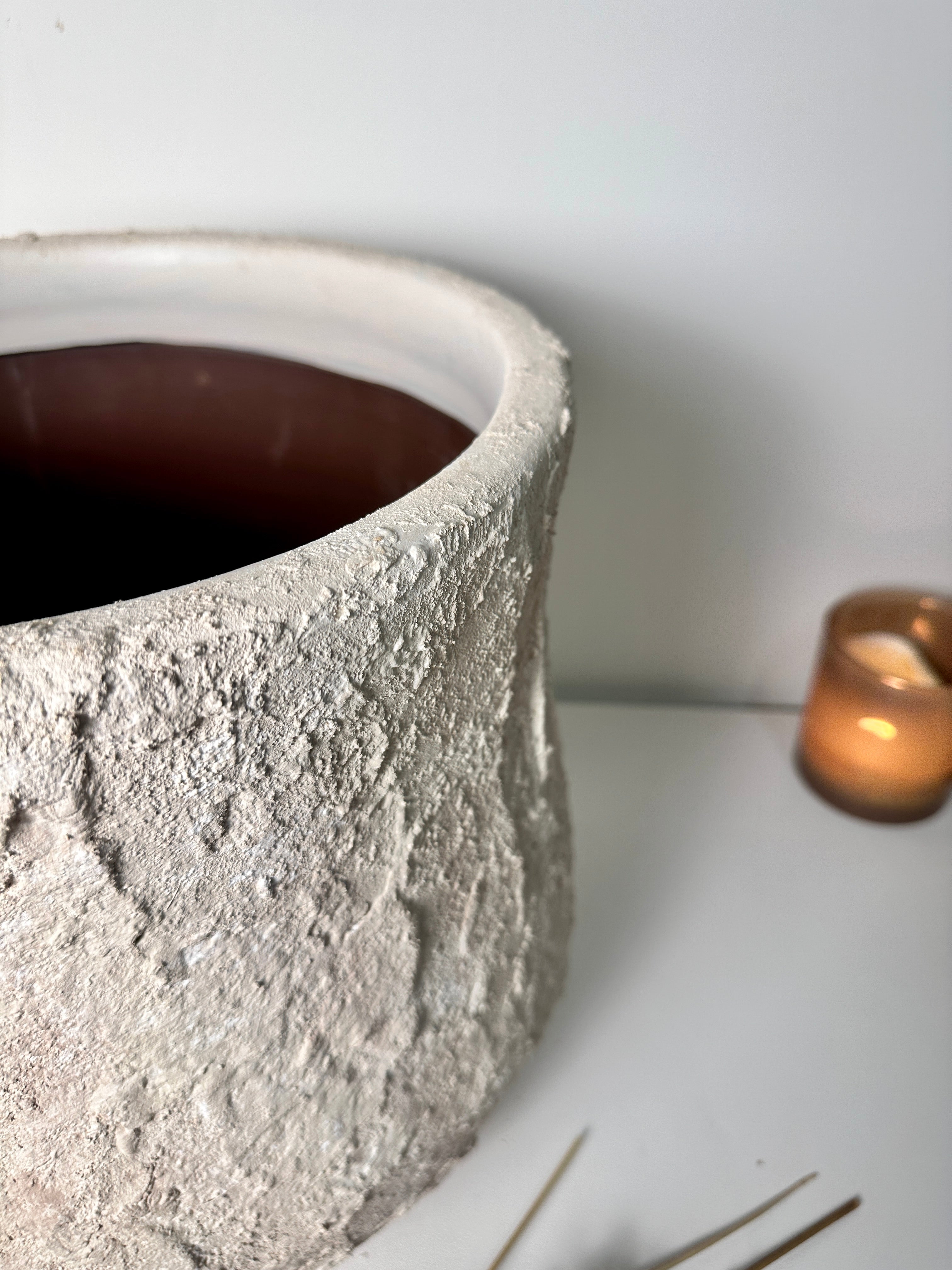 Minimalist Hand-Painted & Textured Planter Pot 12" tall with drainage hole one time creation - Cream Linen wash