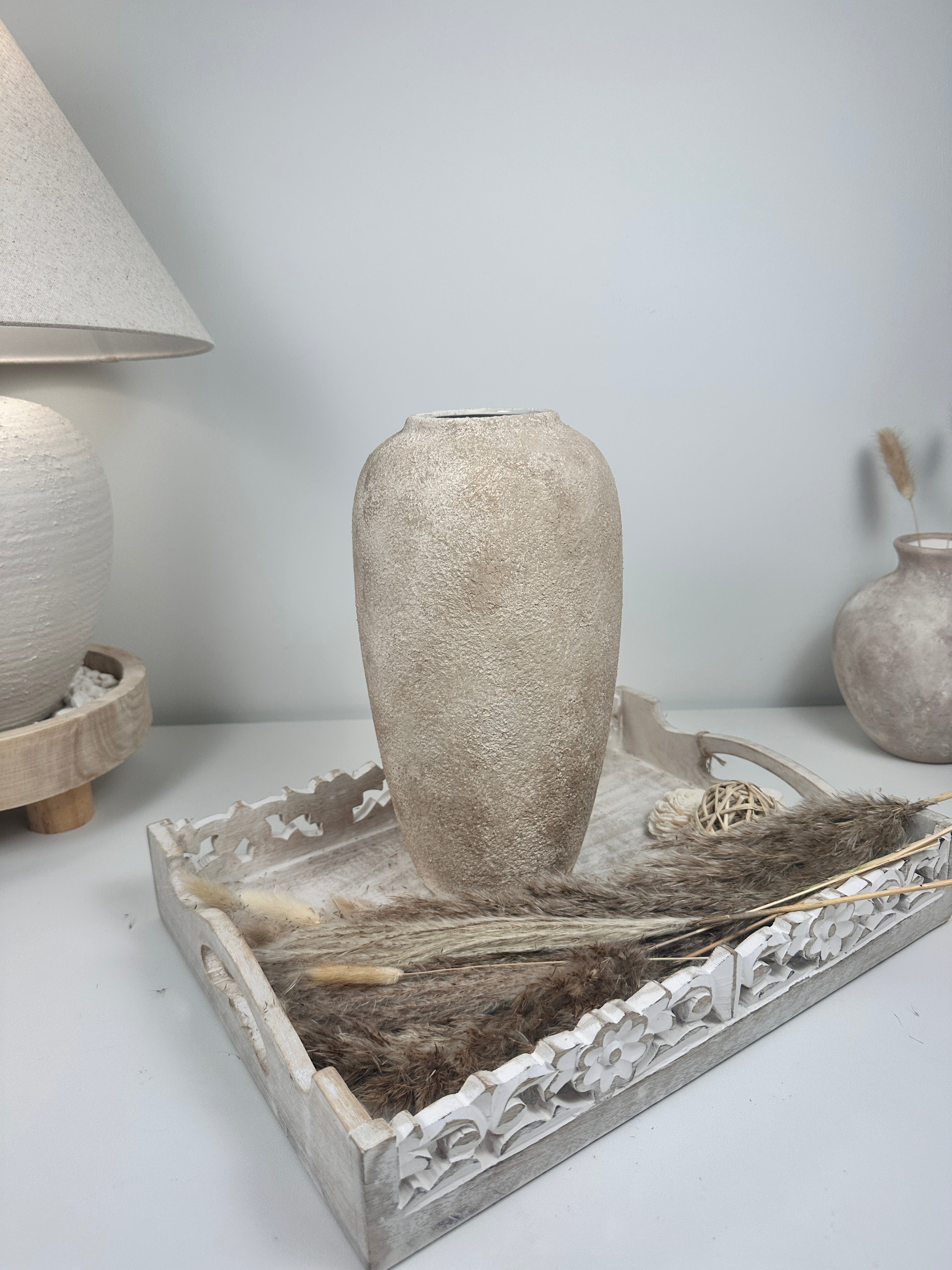 Minimalist Modern Ceramic Vase 12" tall - Hand-Painted light brown beige washed