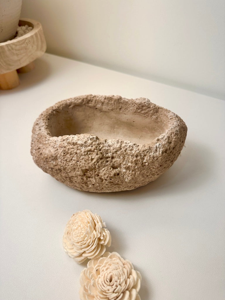 Weathered Stone Basin With Hole Drainage, Small Planter Pot, Hand-Painted Brown