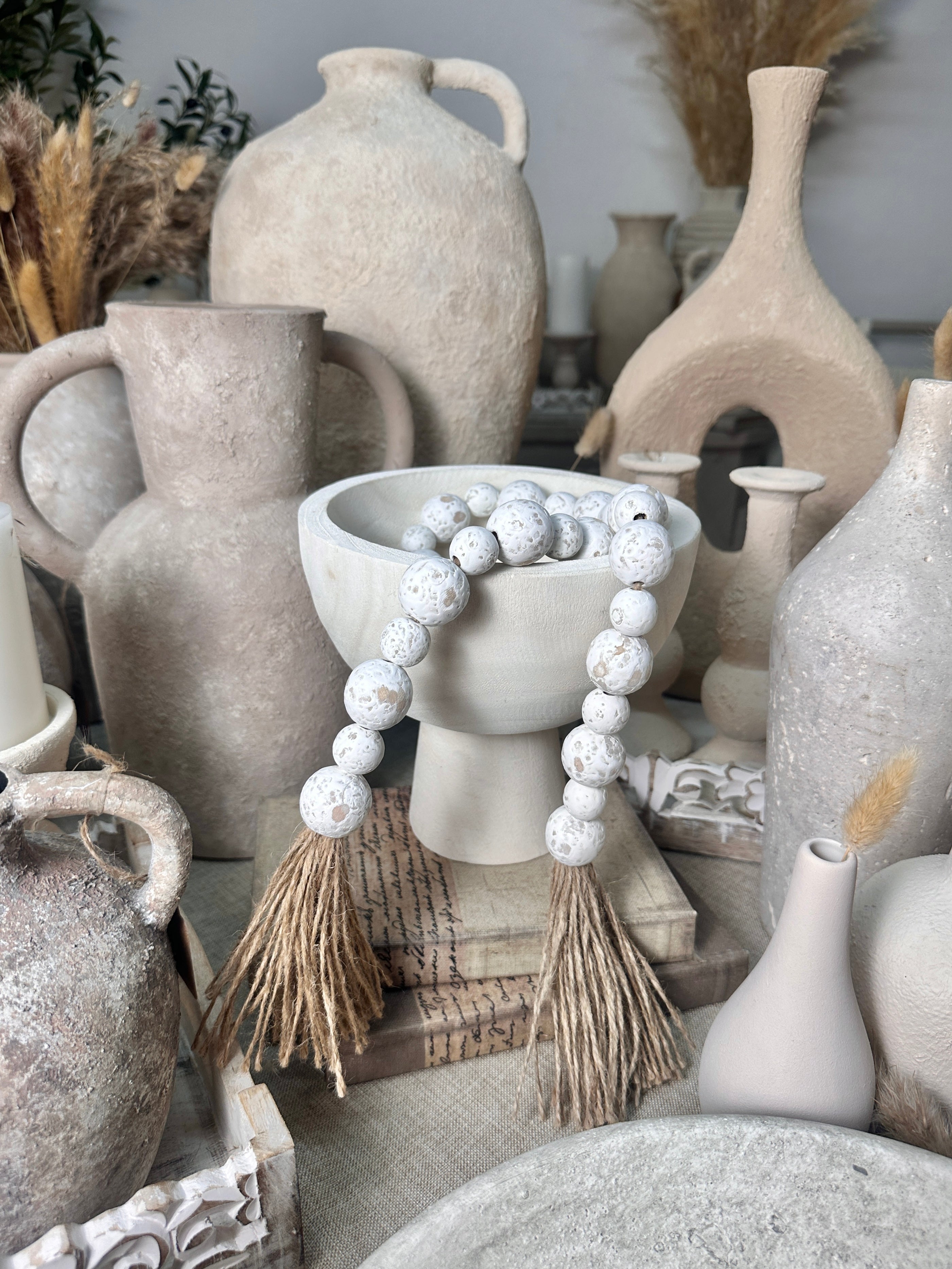 Set of 2 Boho Paulownia Bowl Tray 7"tall Ivory Sand + Wood Bead Garland