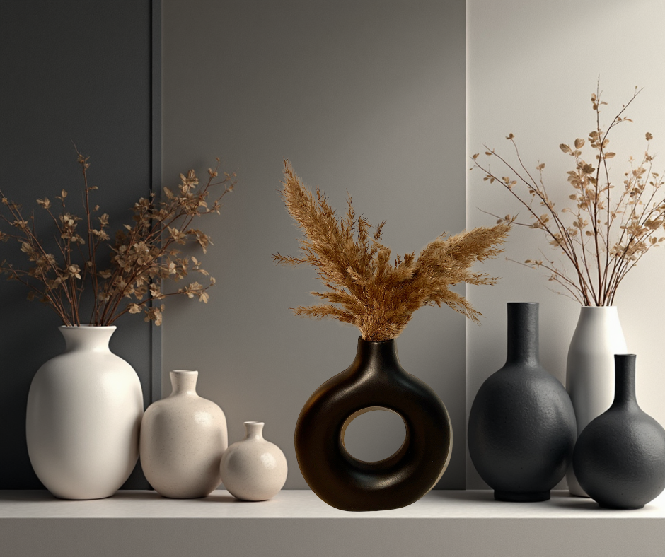 Traditional Chinese Ceramic Vase, Black Matte Donut Shape Minimalist Design 9" tall