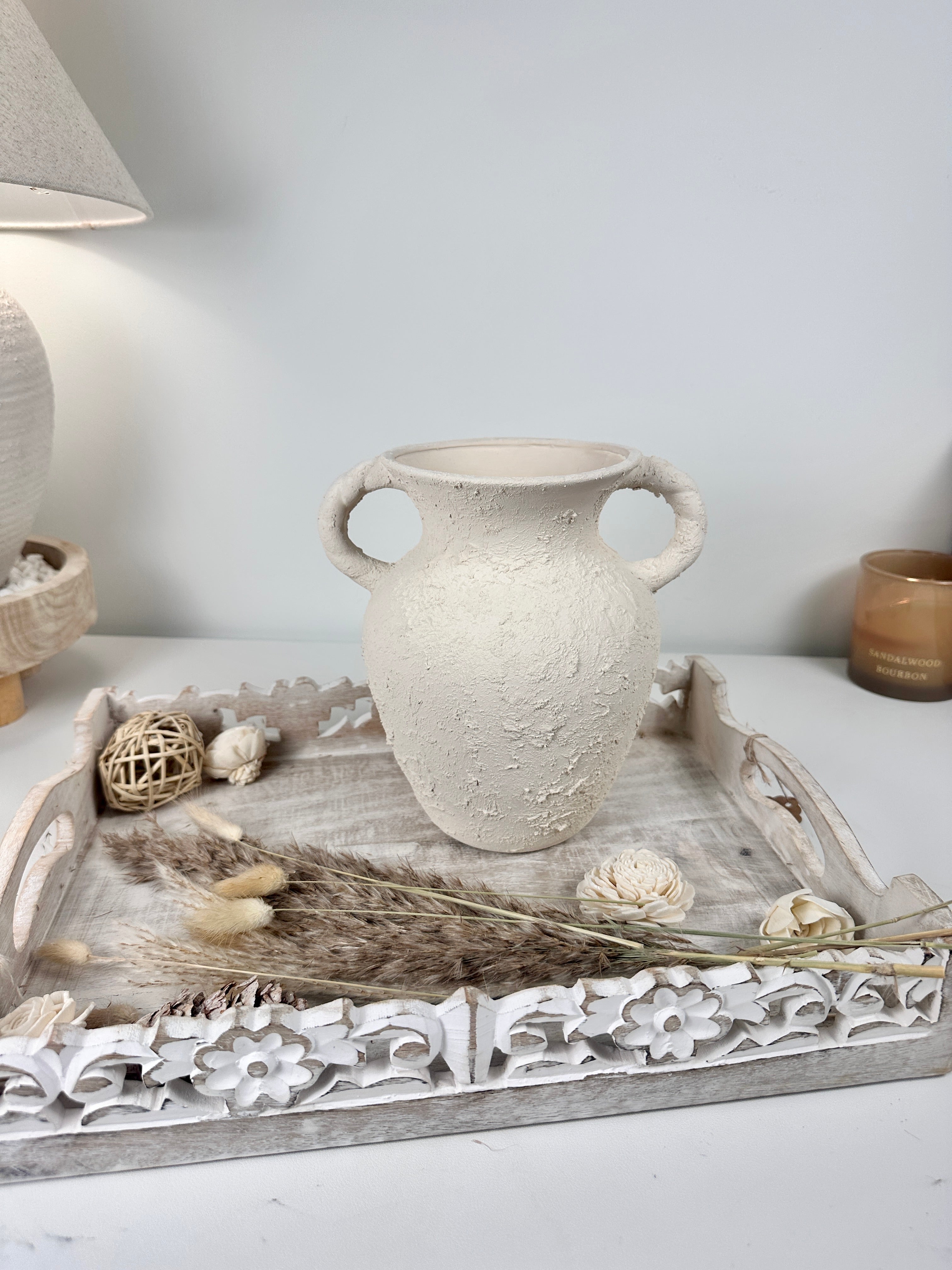 Minimalist Hand-Painted/Textured Ceramic Vase with 2 handles - 9" tall - Cream