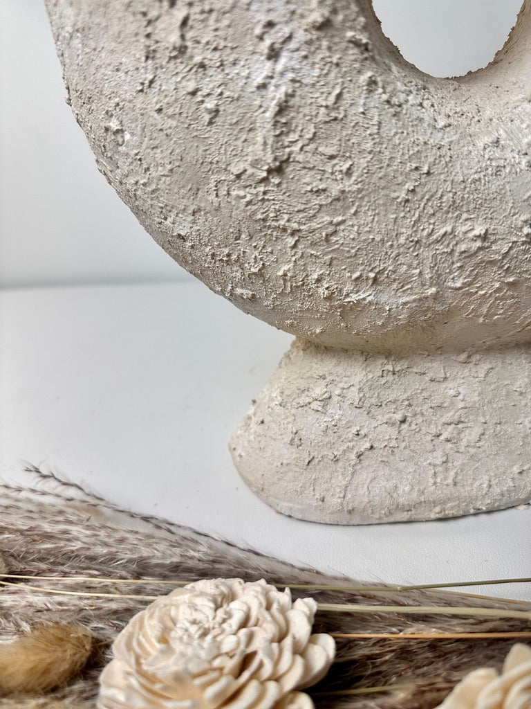 Abstract Minimalist Sculpture Made of Organic Stone, White Donut-Shaped Textured 13" - Cream