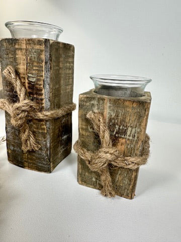 Set of 2 Rustic Farmhouse Handcrafted Candle Holders 4“ and 6” tall