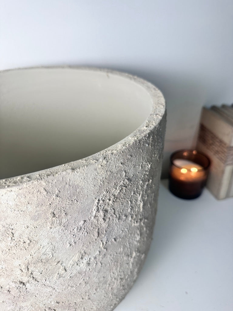 13.5" tall Minimalist Hand-Painted & Textured Planter Pot with drainage hole - French Beige