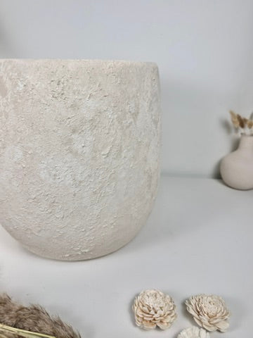 Minimalist Hand-Painted & Textured Planter Pot 12.5" tall with drainage hole one time creation - Cream Linen wash