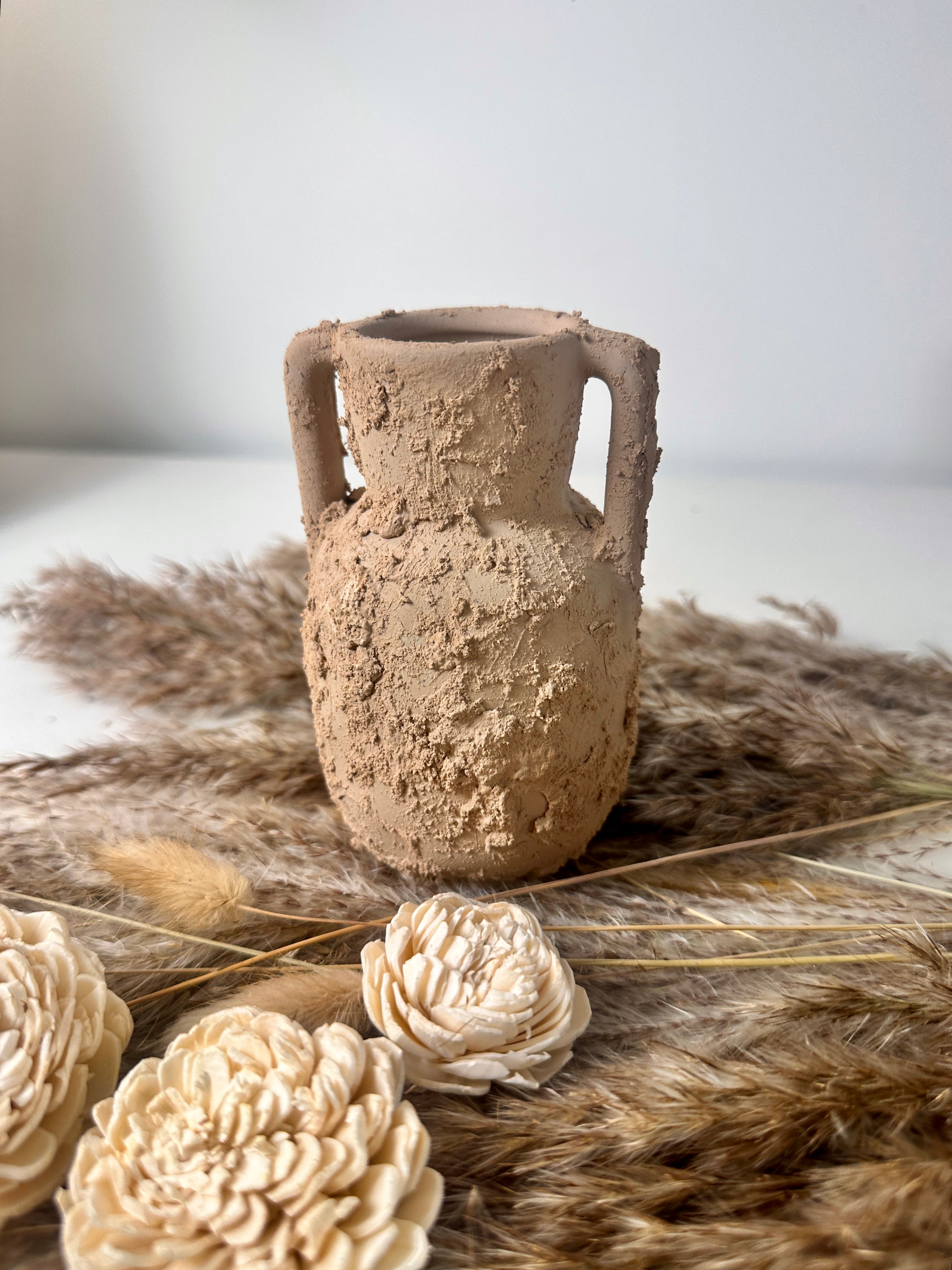 Minimalist rustic hand-painted textured small vase 5“ tall- Tan Beige