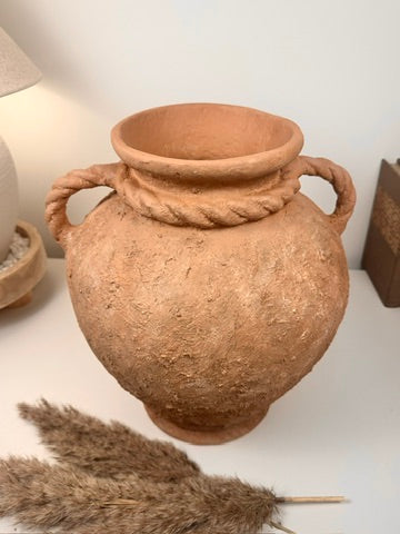 Stunning Roman Style Ceramic Vase Textured and Hand-Painted 15" tall - Brown Terracotta Color