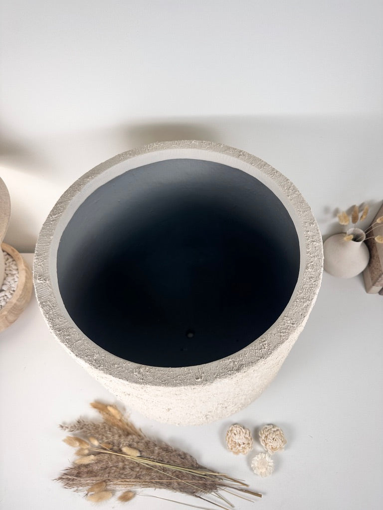 Minimalist Hand-Painted & Textured Planter Pot 17.5" tall with drainage hole one time creation - cream