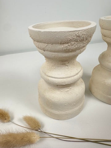 Set of 2 Candle Holders Minimalist Style Hand-Painted and Textured Wood 6" tall each - Cream White