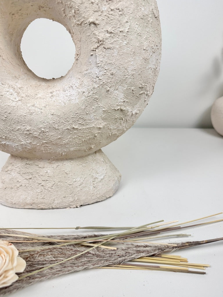 Abstract Minimalist Sculpture Made of Organic Stone, White Donut-Shaped Textured 13" - Cream
