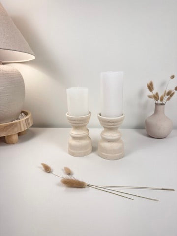 Set of 2 Candle Holders Minimalist Style Hand-Painted and Textured Wood 6" tall each - Cream White