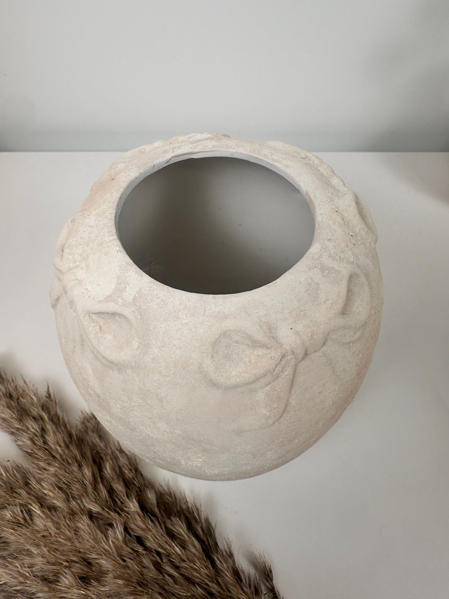 Minimalist Style Ceramic Vase with Bow 7", Painted and Textured by Hand - Cream Sand Washed
