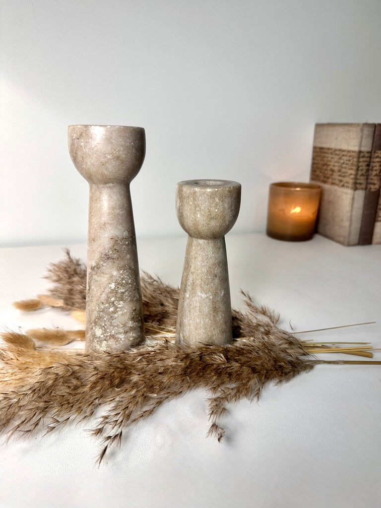 Set of 2 Marble Candle Holders (6x2x2" 8x2x2")  - Beige Brown