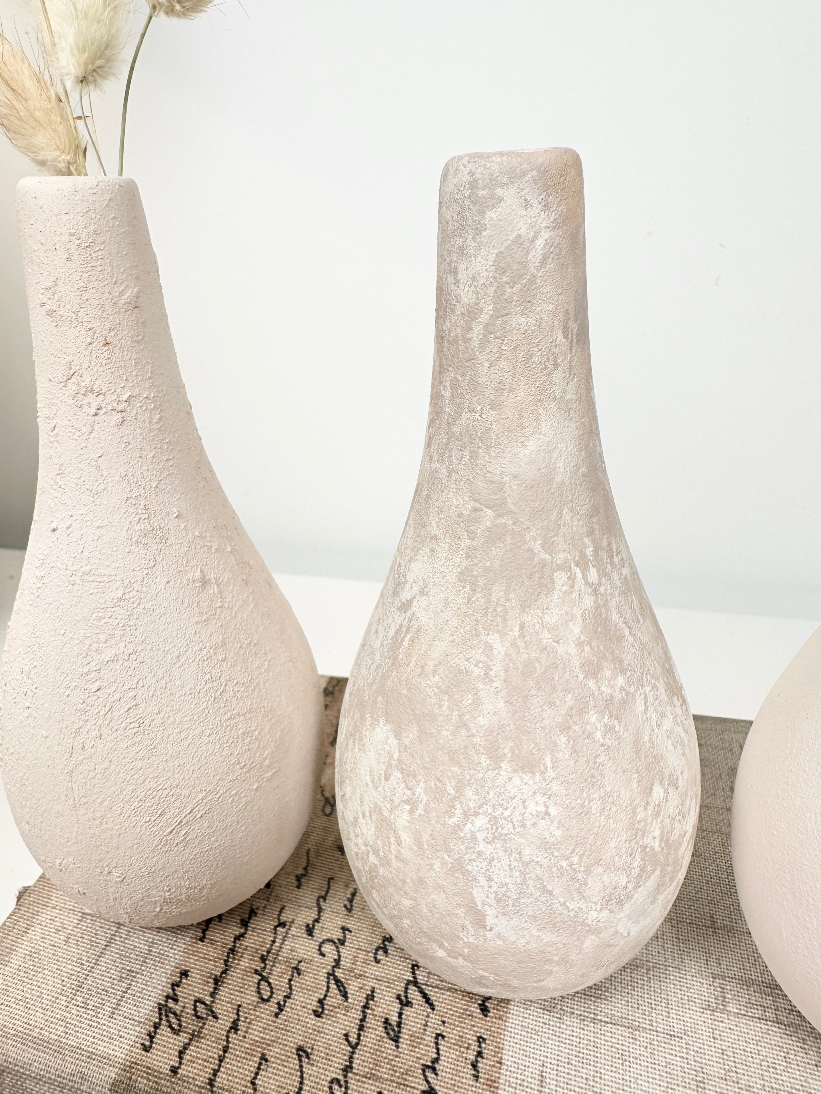 Handcrafted Set of 3 Small Vases 6" tall Cream/ Beige Washed/ Textured Cream